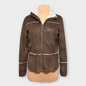 PrAna Esme Faux Leather Sherpa Lined Jacket S Brown Beige Sheepskin Vegan EUC